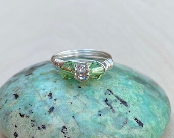 Sterling Silver Swarovski Crystal Wire Wrap Beaded Ring, Peridot Swarovski Crystal Ring