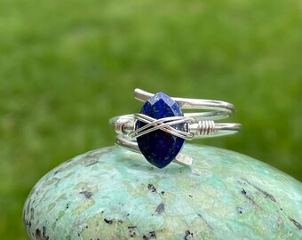 Faceted Lapis Lazuli Marquise Sterling Silver Crystal Wire Wrap Beaded Gemstone Ring, Adjustable Ring