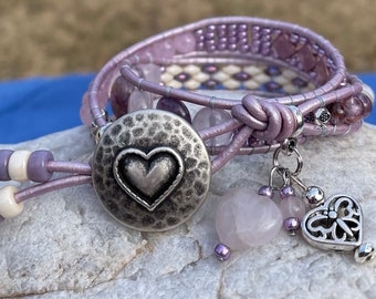 Amethyst n Pink Rose Quartz Beaded Leather Wrap Bracelet, Heart Love Womens Leather Boho Cuff Bracelet, Bohemian Style Leather Jewelry