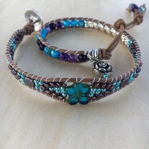 Turquoise Leather Wrap Beaded Bracelet, Hematite Leather Bracelet, Purple Wrap Bracelet