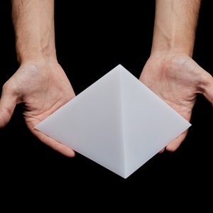 Puede incluir: Un objeto blanco con forma de pirámide sostenido en dos manos sobre un fondo negro.