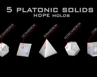Platonic Solids, Mold Set of 5, Icosahedron, Octahedron, Tetrahedron, Dodecahedron and Cube, HDPE