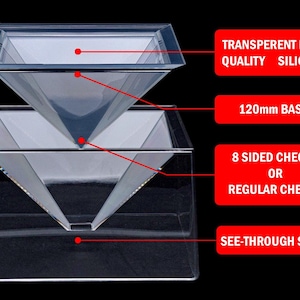 May include: A clear plastic pyramid mold with a 120mm base, made of transparent high-quality silicone. The mold is designed for making 8-sided or regular Cheops pyramids. The mold sits on a see-through stand.
