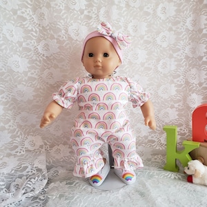 15 inch baby doll, 2 piece set, rainbows romper/jumper and hat, fits dolls like 15&quot; bitty baby and other similar size soft body dolls