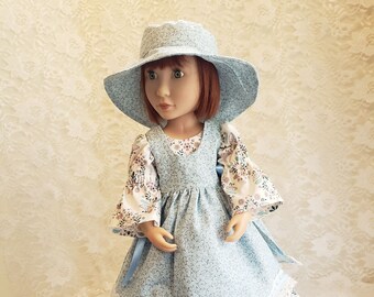 Historical dress, pinafore and hat set, made to fit a girl for all time and similar 16 inch size dolls