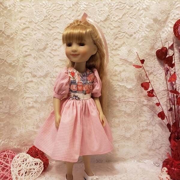Pink gingham hearts Valentines day dress, made to fit dolls like 15" Ruby red fashion friends and similar size dolls