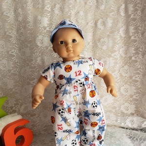 15 inch baby doll, 2 piece set, all sports romper and hat, fits dolls like 15&quot; bitty baby and other similar size soft body dolls