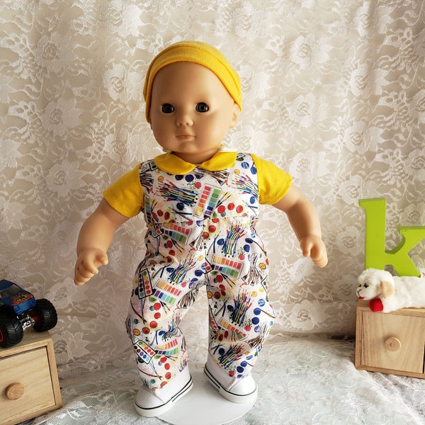 15 inch baby doll, 2 piece set, lets paint romper and hat, fits dolls like 15" bitty baby and other similar size soft body dolls