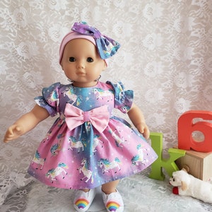 baby doll 3 piece set, unicorn theme dress, panties and headband, fits dolls like 15&quot; bitty baby and other similar size soft body dolls