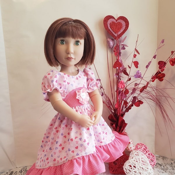 Pink mini hearts ruffle dress,  made to fit a girl for all time and similar size dolls