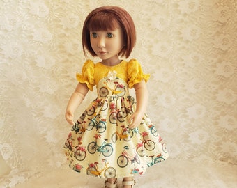 Vintage bikes dress,  made to fit a girl for all time and similar 16 inch size dolls