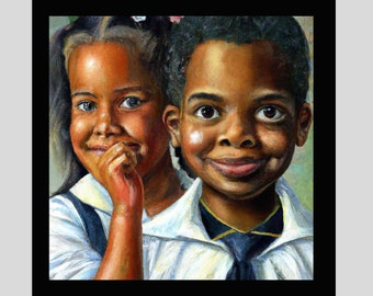 Impresión artística de magia de niño negro, arte infantil negro, arte escolar, arte negro, amigos, pintura de niños negros, juventud feliz y sonriente