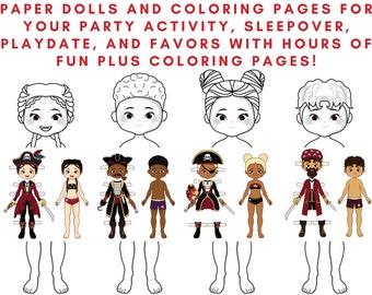 Diversity Dolls, Pirate Costume Paper Dolls, Set of 4 New Dolls With Coloring Pages For Party Activities, Sleepover, Play date, Printable