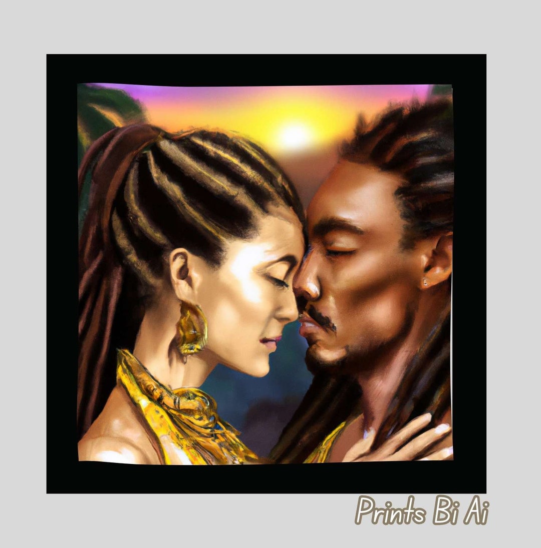 Interracial Couple Love Wall Art Jamaican Loves Embrace Romantic Night ...