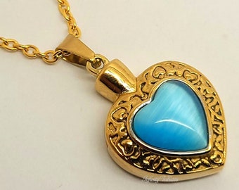 Blue Turquoise Heart Cremation Urn Necklace 24k Gold Plated  Pendant Keepsake Charm - Holds Ashes Fur Sand - Engraving/Personalised/Bespoke