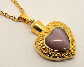 Purple Heart Cremation Urn Necklace 24k Gold Plated  Pendant Keepsake Charm - Holds Ashes Fur Sand - Engraving/Personalised/Bespoke Vial UK