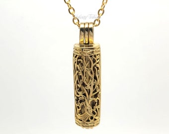 24k Gold Plated Cylinder Cremation Urn Pendant - Keepsake Charm Necklace - Holds Ashes Fur Sand Vial Memorial Jewellery