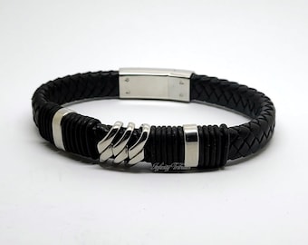 Black Leather Cremation Urn Bracelet Braided Keepsake Bangle - Holds Ashes Fur etc Engraving/Custom/Bespoke Unique Funeral Memorial Waves