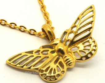 Butterfly Cremation Urn Pendant - Keepsake Charm Necklace - 24k Gold Plated - Holds Ashes Fur Sand - Unique Vial Funeral Memorial Jewellery