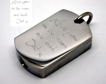 Handwriting Custom Engraved Dogtag Cremation Urn Keepsake Pendant Necklace - Unique Personalised Hand Writing Vial Holds Ashes