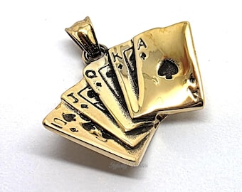 Colgante de urna de cremación de póker, chapado en oro de 24 quilates, collar con dije de recuerdo, cenizas, pelo, arena, vial, joyería conmemorativa, cartas de la Escalera Real grabadas.