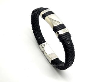 Black Leather Cremation Urn Bracelet - Braided Keepsake Bangle - Holds Ashes Fur etc Engraving/Custom/Bespoke Unique Funeral Memorial 3 Ring