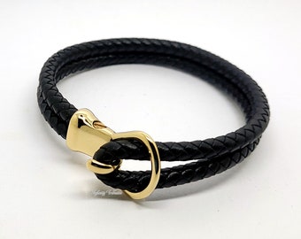 24k Gold Plated Black Braided Leather Cremation Urn Bracelet Hook Clasp Keepsake Bangle Ashes Fur Hair Engraving/Custom Unique Funeral Vial