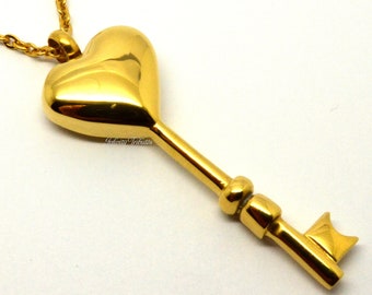 Cremation Urn Ashes Necklace -24k Gold Plated Key To My Heart  Keepsake Charm Pendant - Holds Ashes Fur Sand - Unique Funeral Vial Memorial