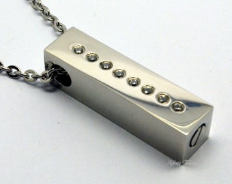 Cremation Urn  Necklace - CZ Bar Pendant Keepsake Charm - Holds Ashes Fur Sand etc - Engraving/Personalised/Bespoke Unique Memorial Vial
