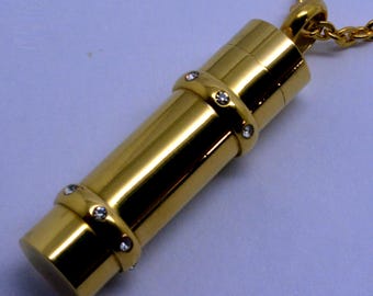 Cylinder Cremation Urn Pendant 24k Gold Plated Keepsake Charm Necklace - Holds Ashes Fur Sand Vial Memorial Jewellery Engraved Personalised