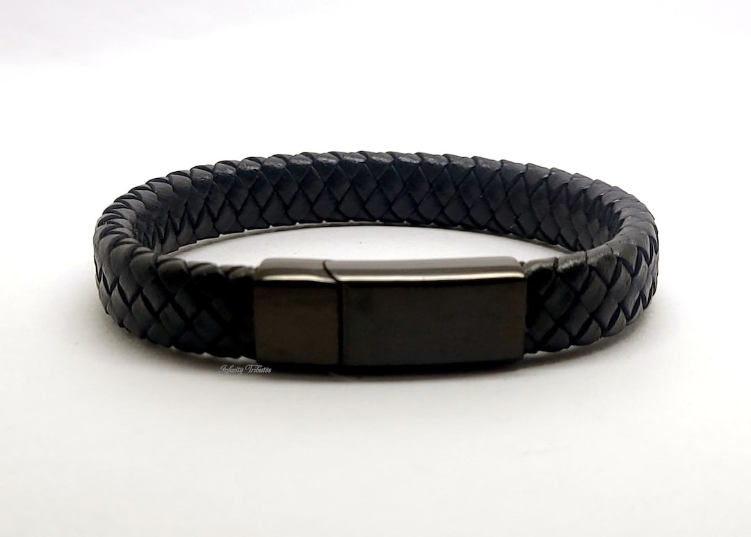 Oinsi Cremation Bracelet - Black Leather Urn Bangle For Ashes | Stainless Steel Memorial Keepsake For Men & Women