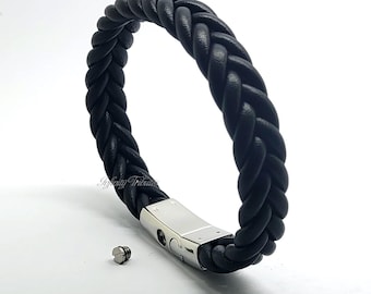 Black Braided Leather Cremation Urn Bracelet Twisted Keepsake Bangle Holds Ashes Fur Hair Engraving/Custom/Bespoke Unique Funeral Memorial