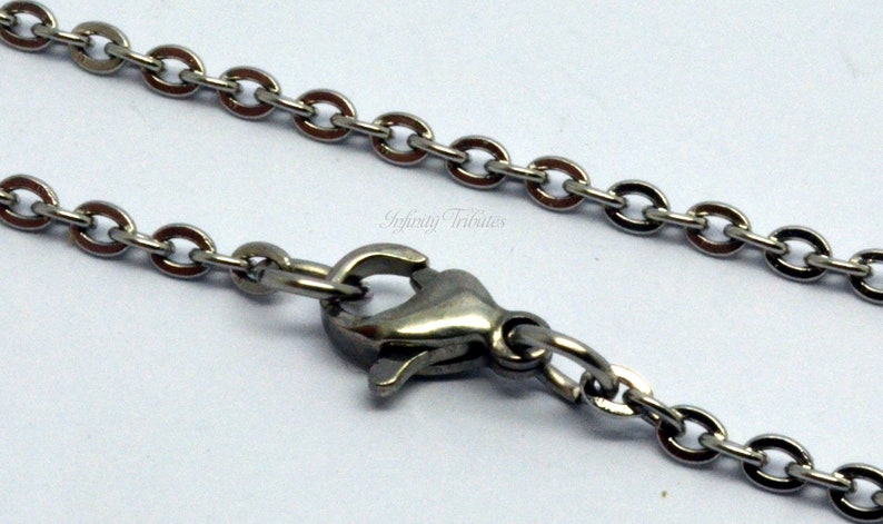 May include: A silver chain necklace with a lobster clasp closure.