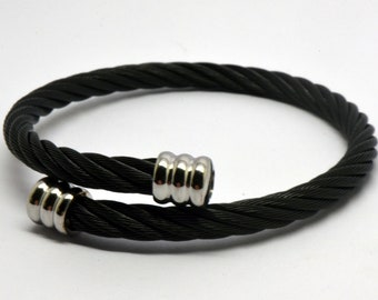 Cremation Urn Bracelet - Cuff Keepsake Bangle Holds Ashes Fur Sand Twin/Double Filling Unique Funeral Vial UK Twisted Black Steel Rope