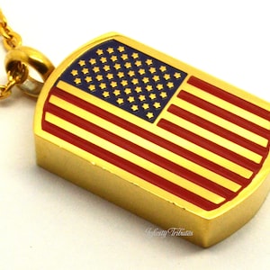 Cremation Urn Pendant Necklace - 24k Gold Plated Chunky USA Dogtag Keepsake Charm Holds Ashes - Engraving/Personalised/Bespoke America Flag