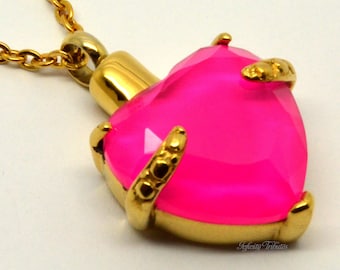 Cremation Urn Pendant - 24k Gold Plated Pink Heart Keepsake Charm Necklace - Holds Ashes Fur Sand - Engraving/Personalised/Bespoke Vial UK