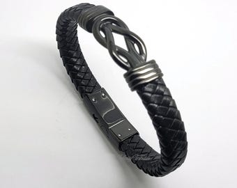 Infinity Black Leather Cremation Urn Bracelet Braided Keepsake Bangle - Holds Ashes Fur etc Engraving/Custom/Bespoke Unique Funeral Memorial
