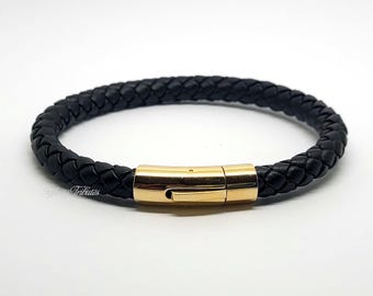 24k Gold Plated Black Braided Rounded Leather Cremation Urn Bracelet Keepsake Bangle - Holds Ashes Fur Hair Unique Funeral Vial Locket