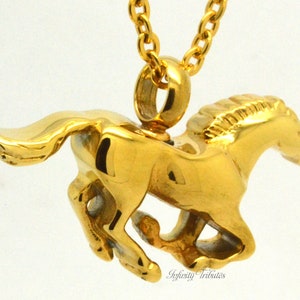 Horse Cremation Urn Pendant - 24k Gold Plated Keepsake Charm Necklace - Holds Ashes Fur Sand - Engraving Personalised Bespoke Mustang Vial