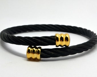 Cremation Urn Bracelet - Cuff Keepsake Bangle Holds Ashes Fur Sand Twin/Double Fill Unique Funeral Twisted Black Steel Rope 24k Gold Plated