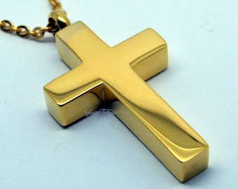 Cross Cremation Urn Necklace 24k Gold Plated Pendant - Keepsake Charm - Crucifix Holds Ashes Fur Sand - Engraving/Personalised/Bespoke Block