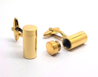 Cremation Urn Cufflinks  - 24k Gold Plated Funeral Urn Cuff Links - Holds Ashes Fur Sand Hair Unique Wedding Vial Stash