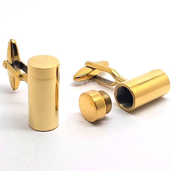 Cremation Urn Cufflinks  - 24k Gold Plated Funeral Urn Cuff Links - Holds Ashes Fur Sand Hair Unique Wedding Vial Stash