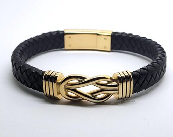 24k Gold Plated Black Infinity Leather Cremation Urn Bracelet Braided Keepsake Bangle Holds Ashes Hair Fur Engraving Custom Funeral Memorial