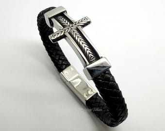 Cross Black Leather Cremation Urn Bracelet - Braided Keepsake Ashes Bangle Engraving/Custom/Bespoke Funeral Memorial Crucifix Jesus