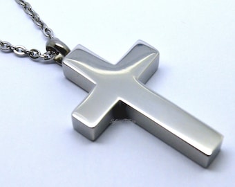 Cremation Urn Ashes Necklace - Keepsake Pendant - Block Cross - Crucifix Holds Ashes Fur Sand - Engraving/Personalised/Bespoke Unique UK