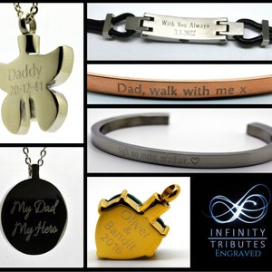 May include: A collection of engraved jewelry pieces, including a silver butterfly pendant with the inscription "Daddy 20-12-41", a black leather bracelet with a silver plate engraved with "With You Always 3.3.2022", a rose gold bracelet engraved with "Dad, walk with me x", a silver bracelet engraved with "Sigh no more, m'athair...♡", a gold heart pendant with a green stone and the inscription "Oliver & Bandit 2016", and a black pendant with the inscription "My Dad My Hero".