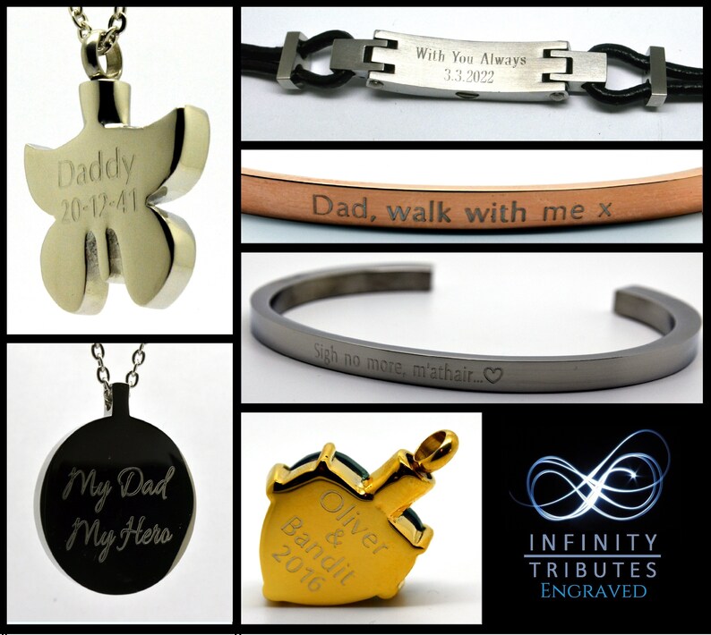 May include: A collection of engraved jewelry pieces, including a silver butterfly pendant with the inscription "Daddy 20-12-41", a black leather bracelet with a silver plate engraved with "With You Always 3.3.2022", a rose gold bracelet engraved with "Dad, walk with me x", a silver bracelet engraved with "Sigh no more, m'athair...♡", a gold heart pendant with a green stone and the inscription "Oliver & Bandit 2016", and a black pendant with the inscription "My Dad My Hero".