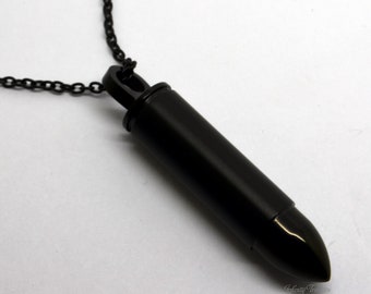 Collar con colgante de urna de recuerdo de urna de cremación de bala negra - El amuleto contiene cenizas, polvo de notas de pelo de arena de piel, etc. - Vial de alijo único militar del ejército