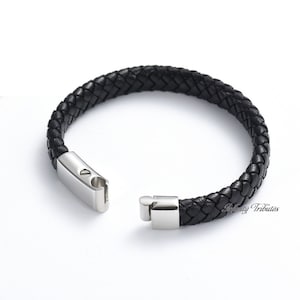 Black Leather Cremation Urn Bracelet - Braided Keepsake Bangle - Holds Ashes Fur etc Engraving/Custom/Bespoke Unique Funeral Vial Memorial